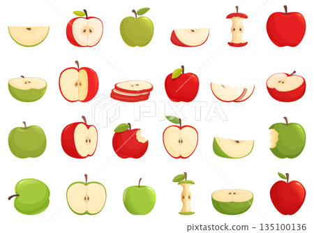 Apple icons set cartoon vector. Slice fruit Apple icons set cartoon vector. Slice fruit 135100136