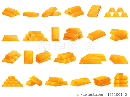 Ingot of gold icons set cartoon vector. Money coin 135100140