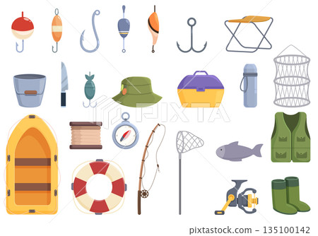 Fishing icons set cartoon vector. Fishery boat 135100142