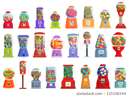 Bubblegum machine icons set cartoon vector. Gum candy 135100144