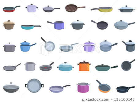 Pan icons set cartoon vector. Saucepan pot 135100145