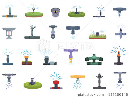 Sprinkler system icons set cartoon vector. Water nature Sprinkler system icons set cartoon vector. Water nature 135100146