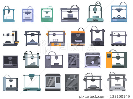 3D printing in construction icons set cartoon vector. Lab print 135100149