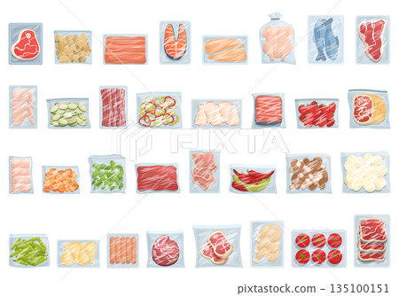 Frozen food icons set cartoon vector. Chicken bag 135100151