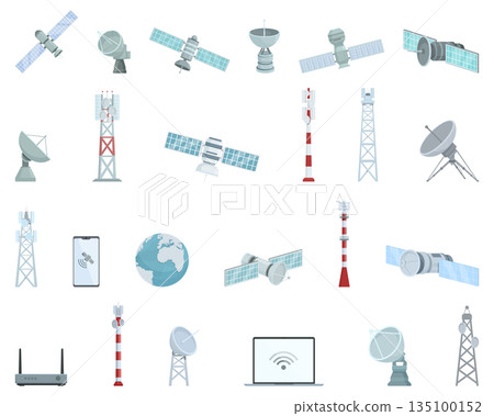 Satellite Internet icons set cartoon vector. Antenna communication 135100152