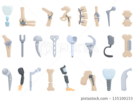 Orthopedic implants icons set cartoon vector. Hip replacement Orthopedic implants icons set cartoon vector. Hip replacement 135100153
