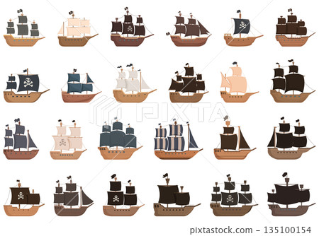 Pirate ship icons set cartoon vector. Wreck boat Pirate ship icons set cartoon vector. Wreck boat 135100154