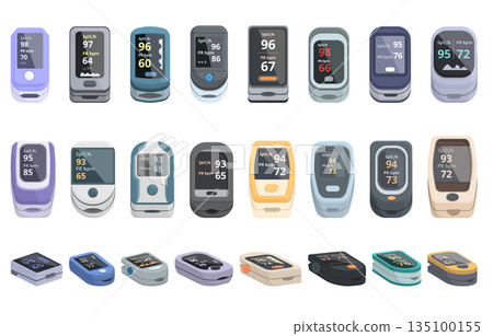 Pulse oximeter icons set cartoon vector. Blood health 135100155
