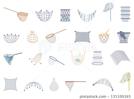 Fish Net icons set cartoon vector. Hunting fishing Fish Net icons set cartoon vector. Hunting fishing 135100165
