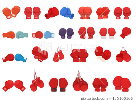 Boxing Gloves icons set cartoon vector. Battle match Boxing Gloves icons set cartoon vector. Battle match 135100166