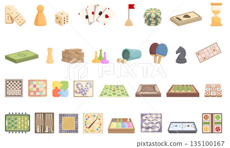 Playing board games icons set cartoon vector. Card game Playing board games icons set cartoon vector. Card game 135100167