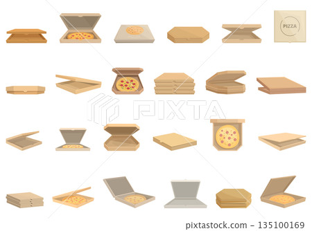 Cardboard pizza box icons set cartoon vector. Food package Cardboard pizza box icons set cartoon vector. Food package 135100169