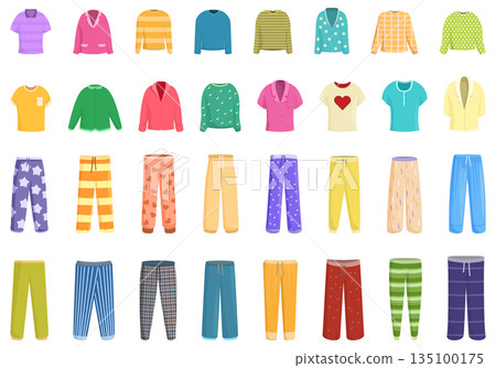 Pajamas icons set cartoon vector. Girl comfy clothes 135100175