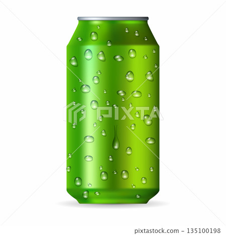 Realistic green aluminum can with drops 135100198