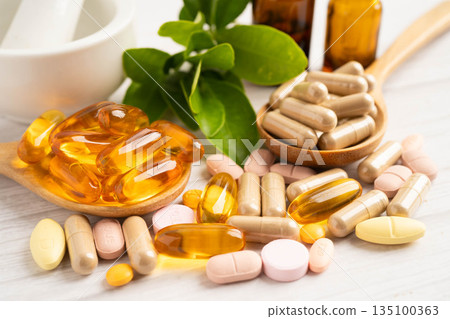 Alternative medicine herbal organic capsule drug herb. 135100363