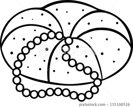 Simple black and white doodle of a King Cake decorated with beads. Sketch style icon for Mardi Gras, carnival dessert, tradition 135100526