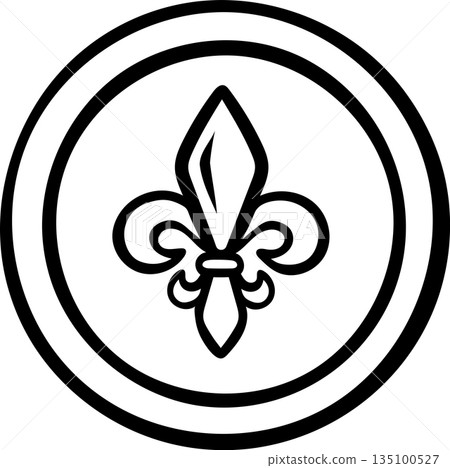 Mardi Gras fleur-de-lis coin icon in doodle sketch style. Minimalist black and white line art for carnival, French heritage, or elegance 135100527