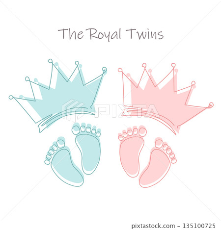 Gender Party Pink and Blue Baby Crowns and footprints. Boy and girl twins concept, Reveal Baby Shower, He and She icon. Vector isolated illustration. 135100725