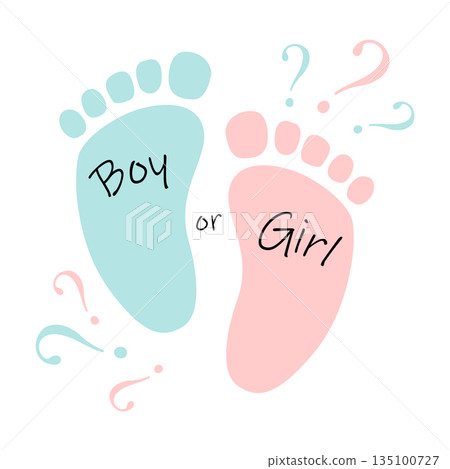 Baby foot blue and pink footprints with a question marks. Baby gender reveal party design element. Vector icon illustration 135100727