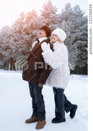Romantic Partners Explore Icy Woodland Together, Lovers Hand In Hand Wander Through Frosty Forest Landscape In Winter, Two Lovers Enjoy Romantic Walk Beneath Frozen Trees In Snowy Winter Scene 135100834