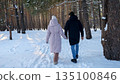 Couple Walking In Snowy Pine Forest, Hand In Hand Along Narrow Trail With Tall Trees And Crisp Footprints, Relaxed Pace And Soft Light Create Calm Outdoor Romantic Stroll Atmosphere 135100846