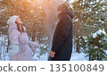 Surprised Woman Shares Warm Connection Outdoors, Excited Woman Responds To Partner Amidst Winter Woodland Scenery, Woman Expresses Happiness As She Notices Partner During Scenic Snowy Forest Walk 135100849