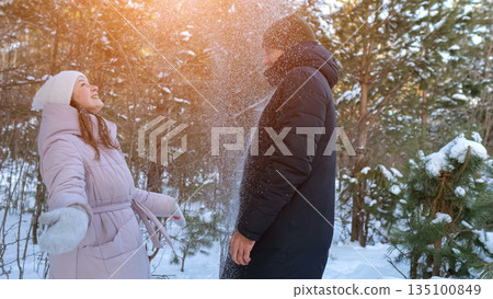 Surprised Woman Shares Warm Connection Outdoors, Excited Woman Responds To Partner Amidst Winter Woodland Scenery, Woman Expresses Happiness As She Notices Partner During Scenic Snowy Forest Walk 135100849