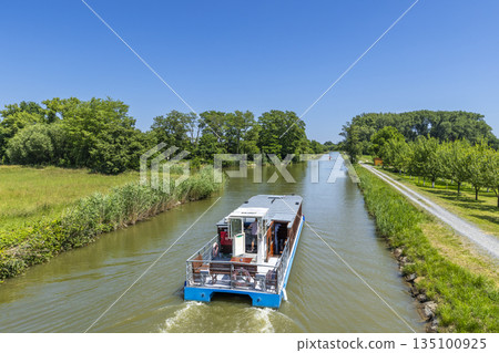 Passenger boat cruising Batuv kanal Vnorovy Czechia Passenger boat cruising Batuv kanal Vnorovy Czechia 135100925