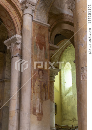 Ancient frescoes depicting religious figures in Eglise Saint Hilaire le Grand interior Ancient frescoes depicting religious figures in Eglise Saint Hilaire le Grand interior 135101101