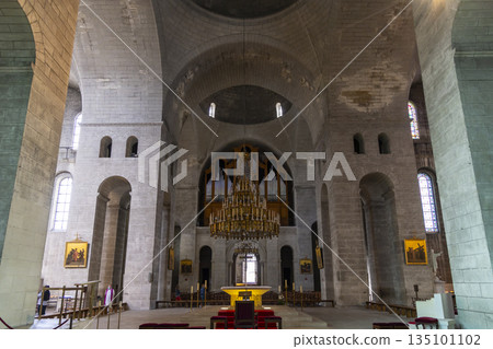 Cathedrale Saint Front interior with organ and grand chandelier in Perigueux 135101102