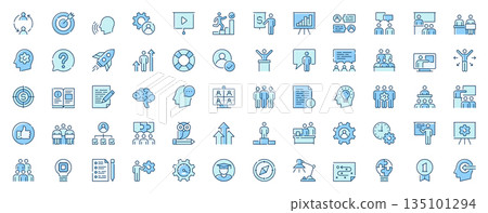 Training workshop web icons set in line design. Duotone pictogram pack of sharing experience, conference, coaching, collaboration, target, productivity, more outline stroke signs. Vector illustration. Training workshop web icons set in line design. Duotone pictogram pack of sharing experience, conference, coaching, collaboration, target, productivity, more outline stroke signs. Vector illustration. 135101294