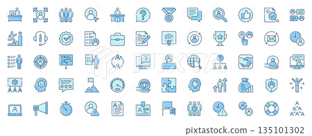 Management headhunting web icons set in line design. Duotone pictogram pack of office, job interview, development, career, employment, contract, offer, more outline stroke signs. Vector illustration. 135101302