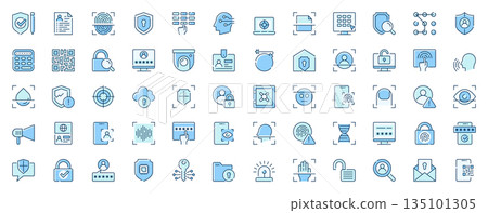 Identity security web icons set in line design. Duotone pictogram pack of shield, privacy protection, fingerprint scan, key, password, surveillance, more outline stroke signs. Vector illustration. 135101305