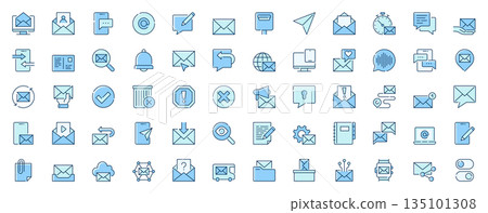 Email message web icons set in line design. Duotone pictogram pack of notification, digital letter, envelope, chat, writing post, mailbox, mail contact, more outline stroke signs. Vector illustration. 135101308