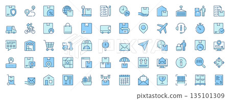 Delivery logistics web icons set in line design. Duotone pictogram pack of parcel protect, route, distribution, global shipping, warehouse, courier, more outline stroke signs. Vector illustration. Delivery logistics web icons set in line design. Duotone pictogram pack of parcel protect, route, distribution, global shipping, warehouse, courier, more outline stroke signs. Vector illustration. 135101309