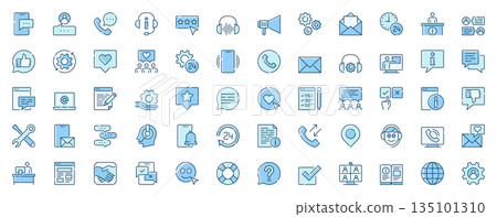 Customer service web icons set in line design. Duotone pictogram pack of message, call, answer client, headset, rating, feedback, technical support, more outline stroke signs. Vector illustration. 135101310