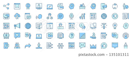 Blogger influencer web icons set in line design. Duotone pictogram pack of link share, follower subscribes, post, content creator, cloud, processing, more outline stroke signs. Vector illustration. 135101311