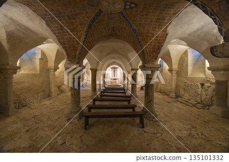 Vezelay crypt interior showcasing historical architecture and religious symbolism Vezelay crypt interior showcasing historical architecture and religious symbolism 135101332