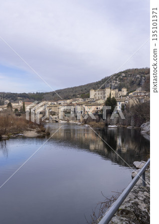 Vogue village Ardeche river reflection in France 135101371