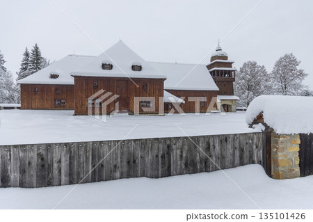 Evangelical Articulated Wooden Church in Svaty Kriz covered in snow 135101426