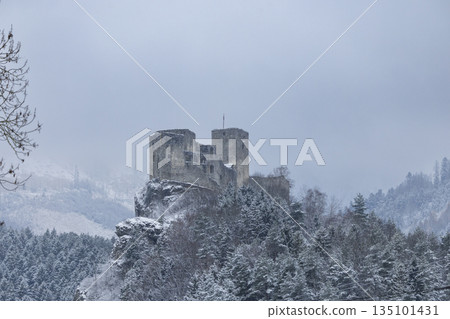Strecno Castle ruins standing over snowy forest in Slovakia 135101431