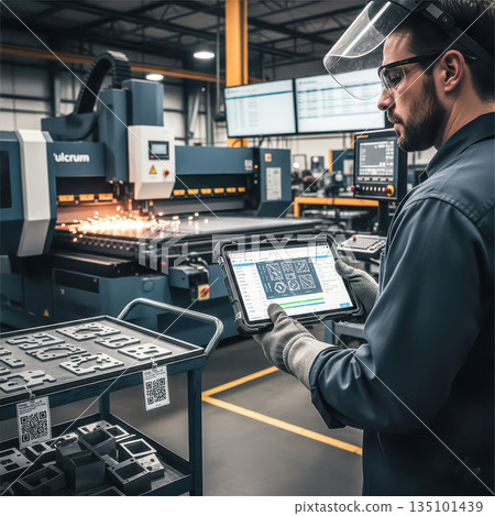 An engineer uses a rugged tablet to manage production and quality control for a CNC laser cutting machine in a modern smart factory. High quality photo 135101439