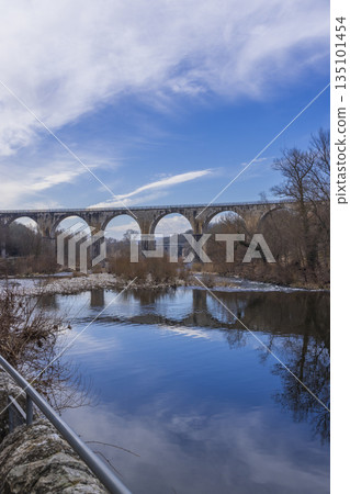 Ardeche viaduc spanning river in Vogue, France Ardeche viaduc spanning river in Vogue, France 135101454