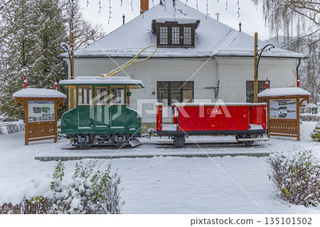 Historic Lubochna electric railway train display covered in snow Historic Lubochna electric railway train display covered in snow 135101502