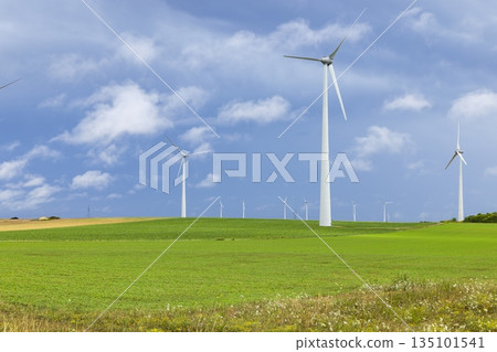 Wind turbines rotating for renewable clean energy in Saron sur Aube 135101541