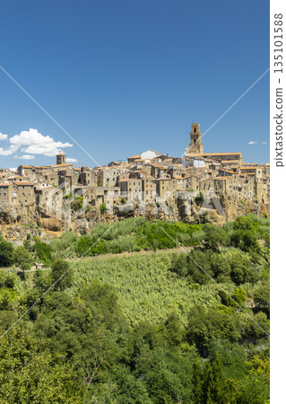 Pitigliano cityscape built on a tuff cliff in Tuscany, Italy Pitigliano cityscape built on a tuff cliff in Tuscany, Italy 135101588