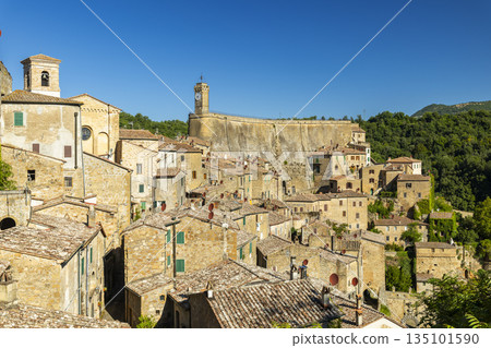 Sorano town in Tuscany, Italy, on tuff cliff Sorano town in Tuscany, Italy, on tuff cliff 135101590