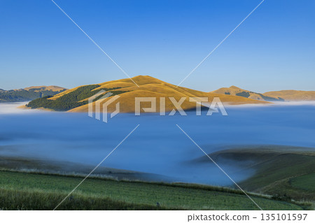 Golden hills emerging from a sea of clouds at sunrise Golden hills emerging from a sea of clouds at sunrise 135101597