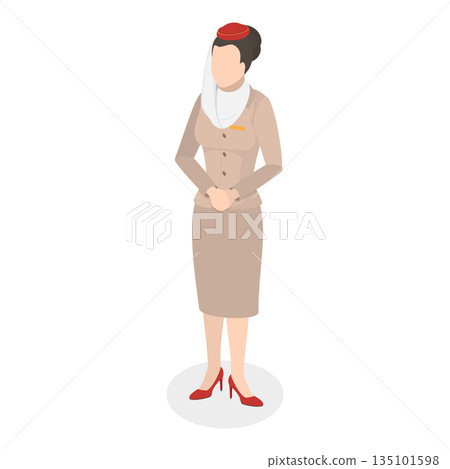 3D Isometric Flat Vector Illustration of Emirates Flight Attendants, Arabian Airline Women In Traditional Uniform. Item 1 3D Isometric Flat Vector Illustration of Emirates Flight Attendants, Arabian Airline Women In Traditional Uniform. Item 1 135101598