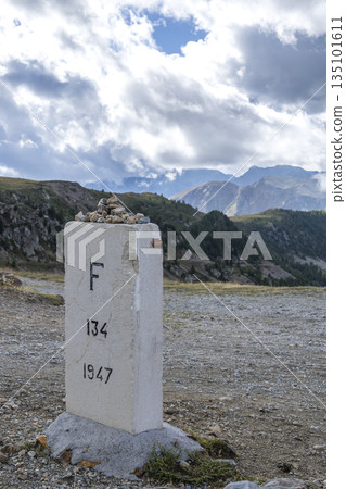 Border marker connecting France and Italy in the Alps Border marker connecting France and Italy in the Alps 135101611